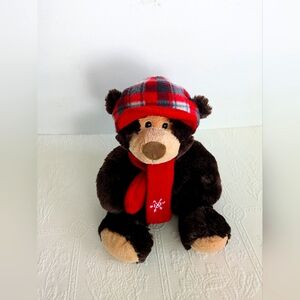 Plush Hugfun International Bear. With Plaid Hat and Scarf 16inch